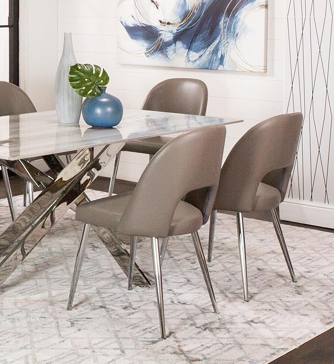 Sunset Trading Mia Faux Leather Dining Chair | Polished Chrome Silver Tapered Legs | Mushroom Taupe Gray Padded Seat w Arched Open Back | Set of 2 | Contemporary Mid-Century Modern Kitchen Sidechairs