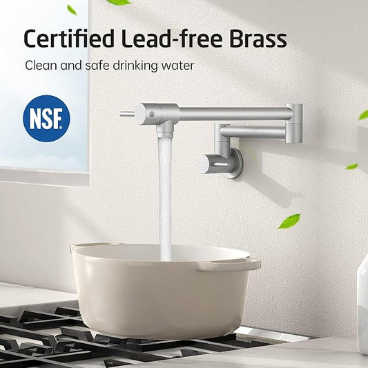 KES Kitchen Pot Filler Folding Faucet Brass Double Joint Swing Arm Sink Faucet Articulating Wall Mount Two Handle Brushed Nickel, KN926LFF18-BN