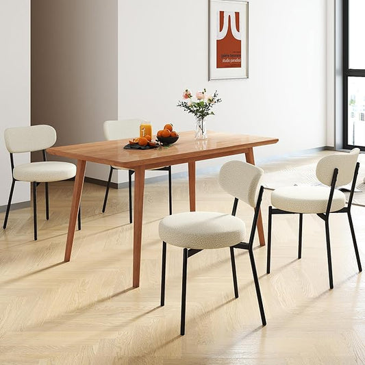 Murago Dining Chairs Set of 4, Boucle Comfortable Upholstered Seat Fabric with Curved Backrest, Mid Century Modern Contemporary Scandinavian Designer Chairs Ideal for Dining Room, Kitchen, White