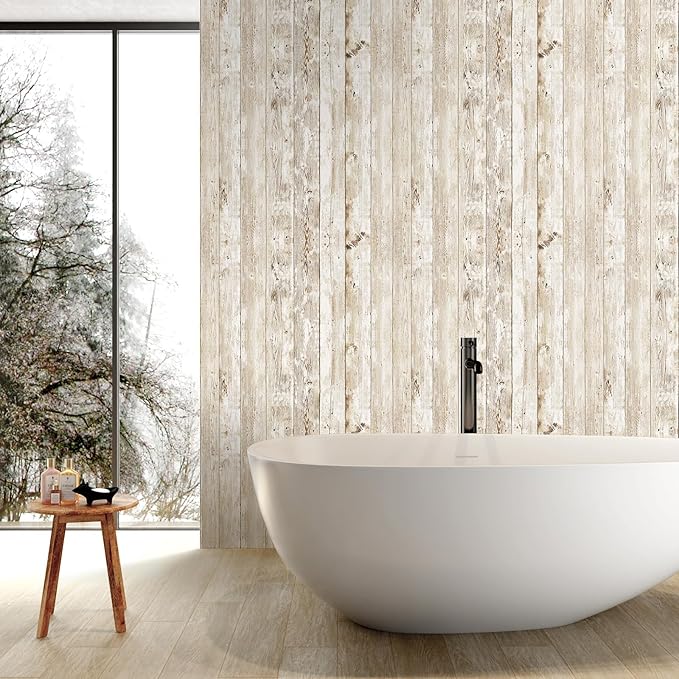 Decoroom Wood Wallpaper Peel and Stick, Shiplap Self Adhesive Contact Paper for Cabinets and Drawers, Removable Wood Grain Wall Paper Easy to Clean 17.7"×118"
