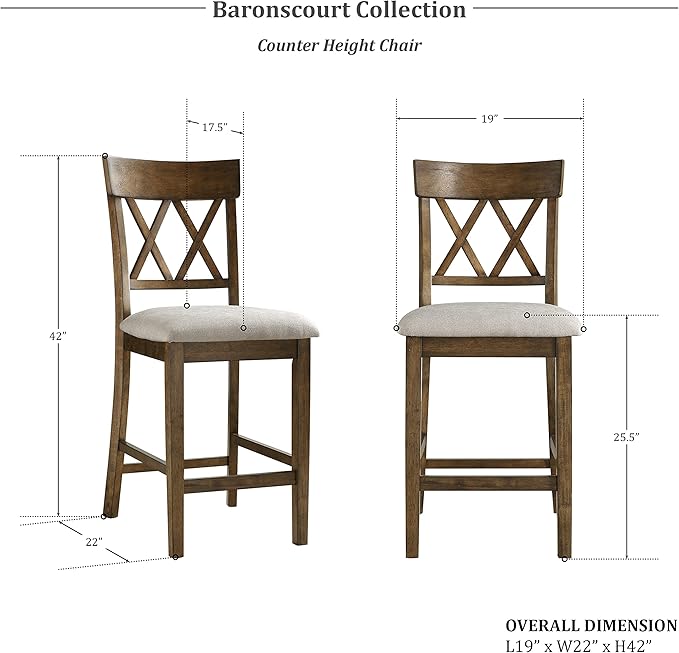 Lexicon Baronscourt Counter Stools Set of 2 - Upholstered Stool Padded Seat Height 25.5", Cross Back Counter Height Kitchen Chairs, Sturdy Solid Wood Frame, Footrest, Easy Assembly, Light Oak