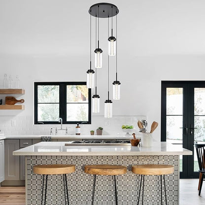 MELUCEE Modern LED Pendant Light Fixtures 6-Light Pendant Lights Kitchen Island with 3000K-6000K Adjustable Color Temperature Black Ceiling Hanging Lamp for Dining Room Bedroom Kitchen Island