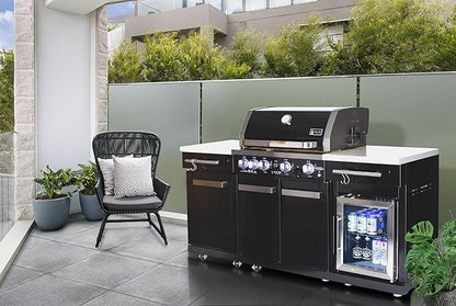 Mont Alpi Premium 70"W x 24"D Black Stainless Steel Compact Outdoor Kitchen Island with Refrigerator + 32"W 4-Burner BBQ Grill with Infrared Rotisserie Burner + Storage Cabinets + Granite Countertops