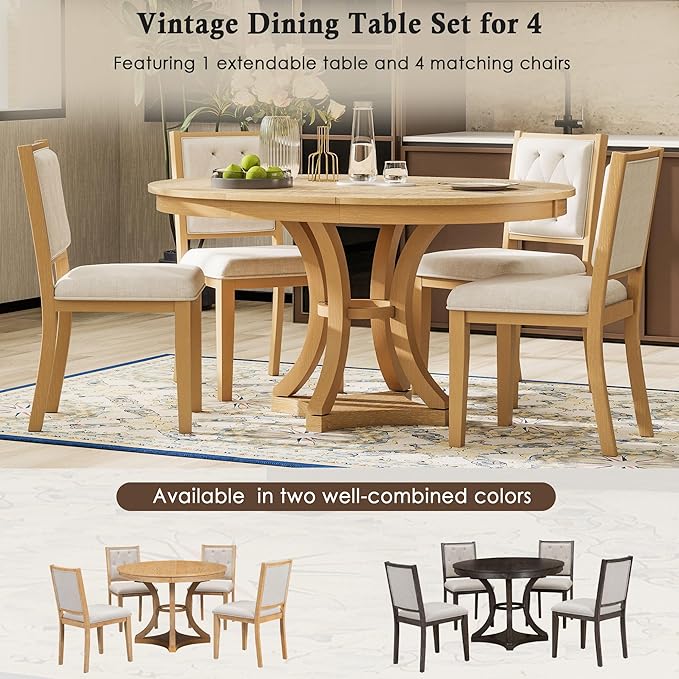 Vintage 5-Piece Extendable Round Dining Table Set for 4 with Chairs, Modern Wood Kitchen Table Set with Tufted Upholstered Chairs for Kitchen Dining Room Living Room (Natural)