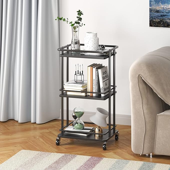 XYZLVSI 3-Tier Rolling Serving Bar Cart, Wood and Metal Kitchen Island Storage Cart with Wheels, Multifunction Utility Cart Storage Rack for Home, Kitchen, Bar, Dinning Room, Living Room (Black)