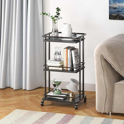 XYZLVSI 3-Tier Rolling Serving Bar Cart, Wood and Metal Kitchen Island Storage Cart with Wheels, Multifunction Utility Cart Storage Rack for Home, Kitchen, Bar, Dinning Room, Living Room (Black)