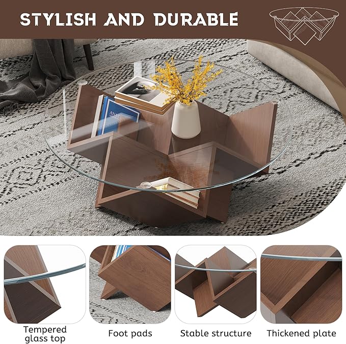 Harper & Bright Designs The Round Coffee Table with Glass Top and Geometric Abstract Art Deco Base Storage Shelves, Walnut, 35.4"