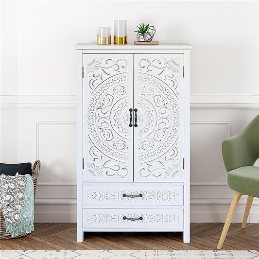 KEIKI 48'' French Country Sideboard Cabinet with Storage,Carved Doors & 2 Drawer,3 Compartments,Vintage Farmhouse Pantry Credenza for Kitchen,Living Room,Dining Room,Entryway,White