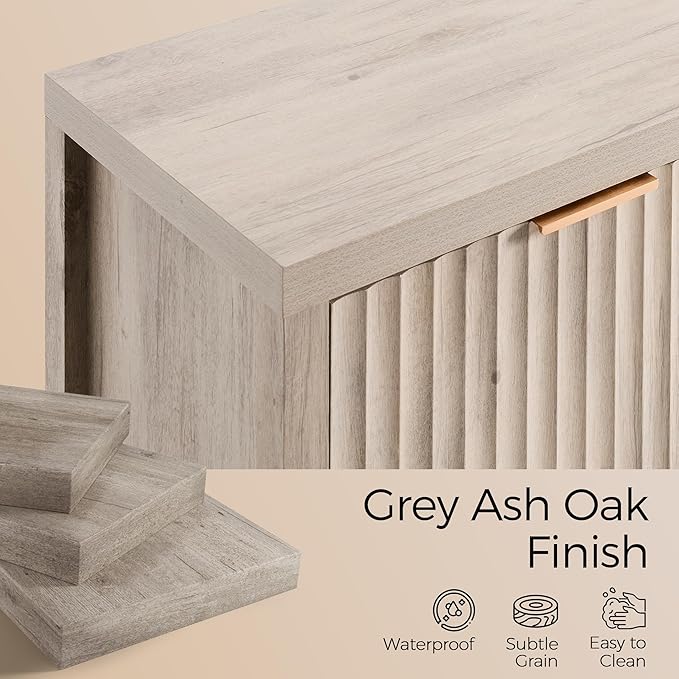 OAKHAM HOME Buffet Cabinet Fluted Sideboard 56" Accent Cabinet with Adjustable Shelves 4 Doors Modern Storage Credenza for Living Room Kitchen Hallway, Grey Ash Oak
