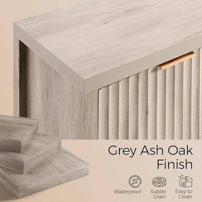 OAKHAM HOME Buffet Cabinet Fluted Sideboard 56" Accent Cabinet with Adjustable Shelves 4 Doors Modern Storage Credenza for Living Room Kitchen Hallway, Grey Ash Oak