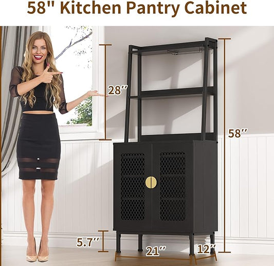 58” Pantry Cabinets with Microwave Shelves, Small Kitchen Pantry Storage Cabinet with Adjustable Shelves, Freestanding Buffet Cupboards Sideboard for Kitchen, Dining Room, Living Room Use (Black)