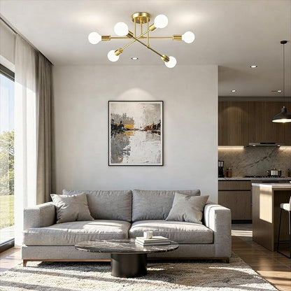 Modern Sputnik Chandelier Ceiling Light Fixtures, 6-Lights 22” Mid Century Industrial Metal Semi Flush Mount for Dining Room, Bedroom, Living Room-Brushed Gold