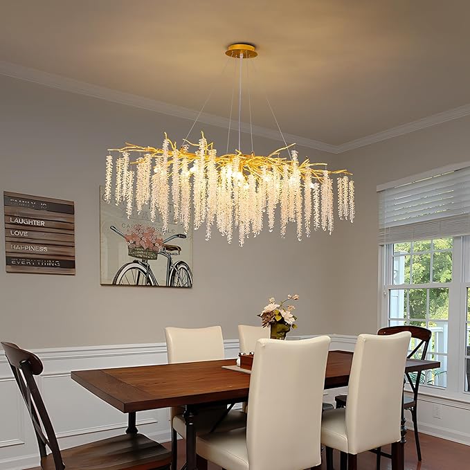 Tree Branches Chandeliers L39.5 Inch Gold Luxury Rectangular Crystal Raindrop Pendant Light 13 Lights Kitchen Island Hanging Light Fixture for Living Room Dining Room Foyer Entryway