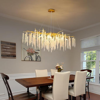 Tree Branches Chandeliers L39.5 Inch Gold Luxury Rectangular Crystal Raindrop Pendant Light 13 Lights Kitchen Island Hanging Light Fixture for Living Room Dining Room Foyer Entryway