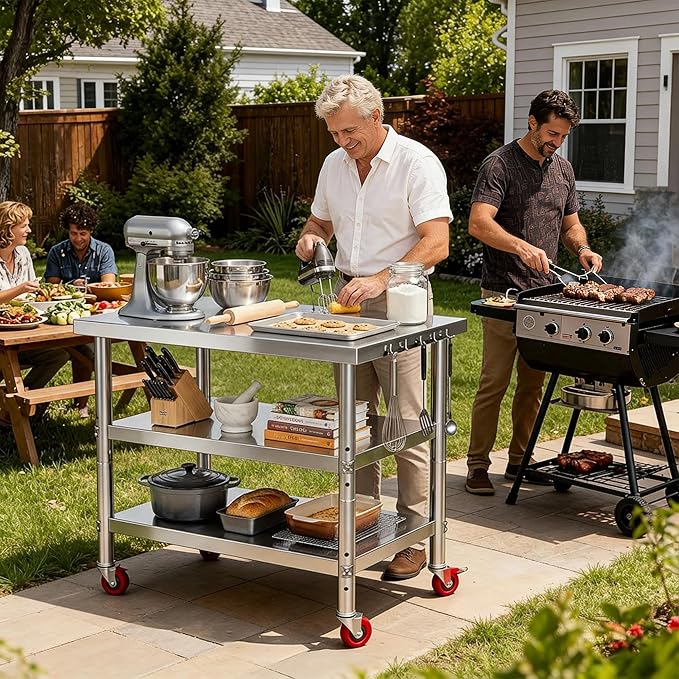 DWVO 36x24in Stainless Steel Table, NSF Metal Prep Worktable with 2 Adjustable Shelves & Wheels for Kitchen Restaurant Hotel Garage Warehouse Home