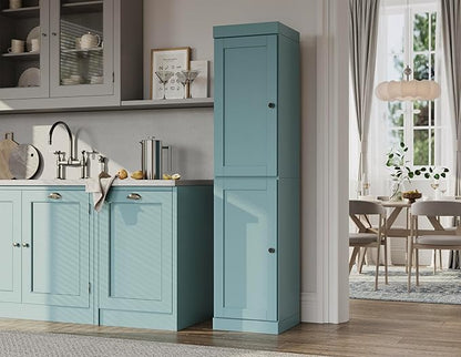 Palace Imports Solid Wood Kitchen Pantry - Narrow Storage Cabinet - Shaker Doors, Adjustable Shelves, Aqua, 16.5" Wide x 71.5" Tall, 100% Eco-Friendly Wood, Modular Pantry Cabinet Systems