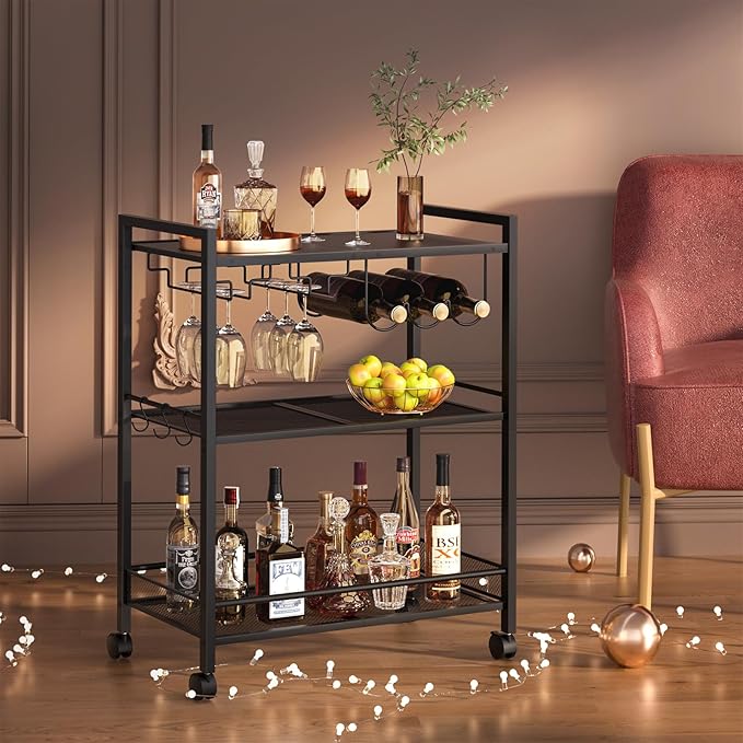 Joaxswe Bar Cart, Home Bar Serving Cart with 3-Tier Shelf,Microwave Cart with Lockable Wheels,Mobile Kitchen Shelf,Rolling Beverage Cart with Wine Rack and Glass Holder for Kitchen,Dinning Room,Black