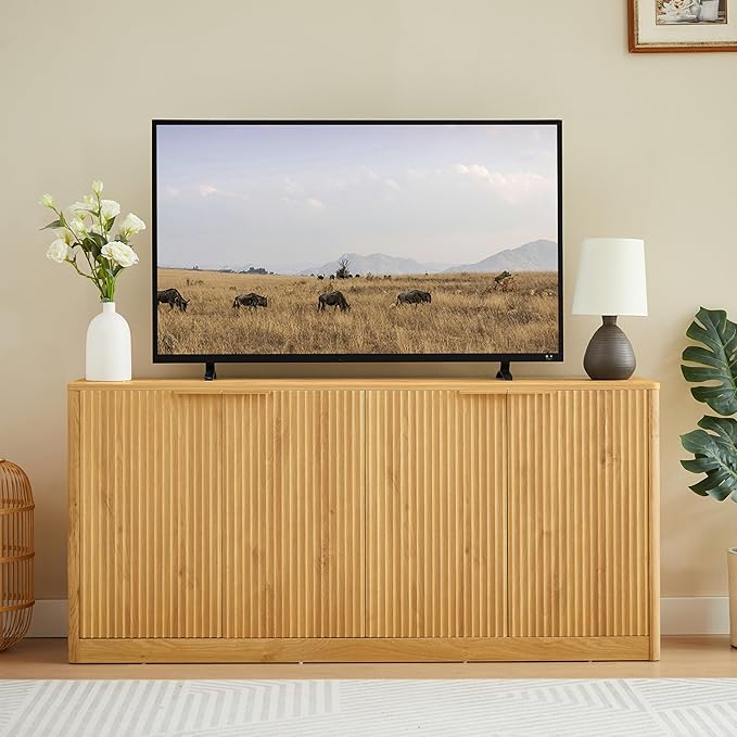 Ball & Cast 59" Modern Fluted Sideboard Buffet Cabinet with Storage,Curved Design Kitchen Coffee Bar Cabinet with 4 Doors & Shelves,Wood Credenza Cabinets Media Console for Living Room,Natural