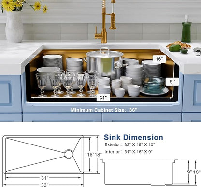Gold Undermount Kitchen Sink 33 inch,Single Bowl Undermount Sink 16 gauge Stainless Steel,Workstation Kitchen Sinks with Gold Accessories (33" X 18")