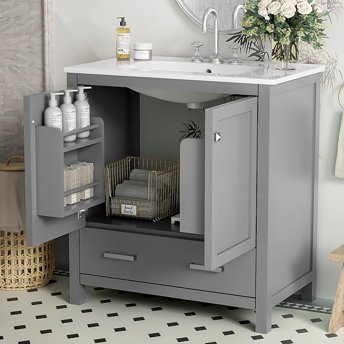 GDFStudio 30" Bathroom Vanity Sink Combo with 1 Drawers & 2 Soft Closing Doors Floor Mount Freestanding Wood Bathroom Storage Cabinet Set with Ceramic Basin Sink Top for Small Bathroom Space, Green