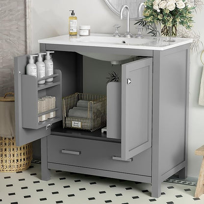 GDFStudio 30" Bathroom Vanity Sink Combo with 1 Drawers & 2 Soft Closing Doors Floor Mount Freestanding Wood Bathroom Storage Cabinet Set with Ceramic Basin Sink Top for Small Bathroom Space, Green