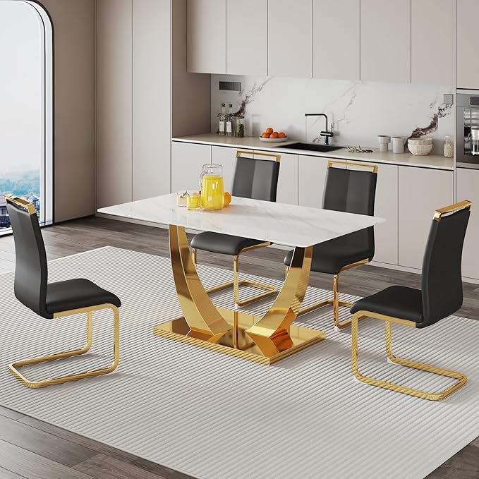 AZmac 63'' White Dining Table, Faux Marble Dining Room Table for 4-6, Tempered Glass Dinner Table with Gold U Shaped Legs for Kitchen Dining Room