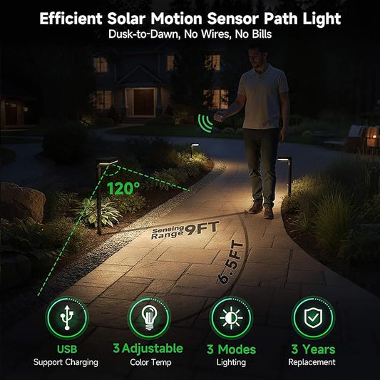 Solar Pathway Lights Outdoor, 3 Modes Motion Sensor Path Light Warm & Daylight Selectable, IP65 Waterproof Walkway LED Landscape Lighting with Adjustable Angle for Yard, Garden, Driveway
