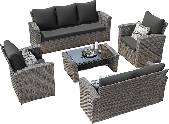 Wisteria Lane Patio Furniture Set, 5 Pieces Wicker Outdoor Furniture for All Weather, Patio Sofa with High Backrest Support and Wide Armrest for Backyard, Balcony, Deck, Porch, Black