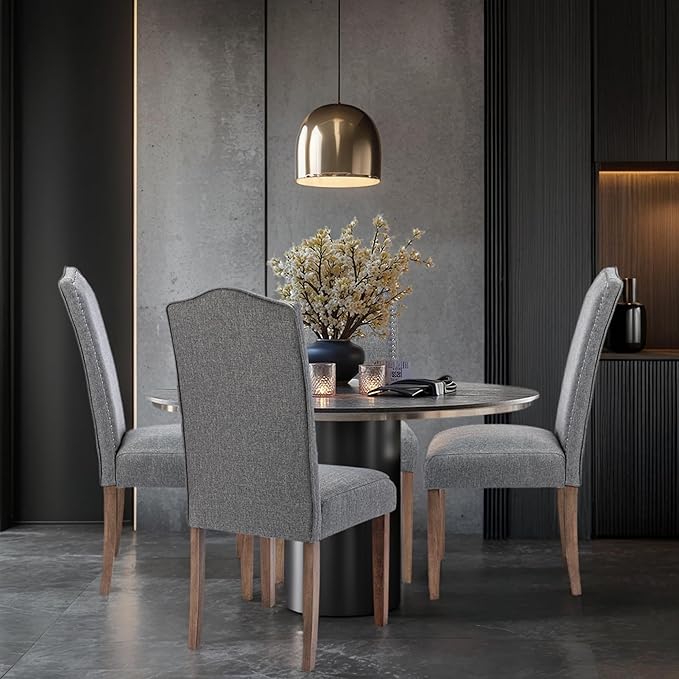 Upholstered Dining Chair Modern Stylish Parsons Kitchen Diner High Back with Silver Nailhead Trim & Wood Legs, Set of 6, Fabric Classic Grey