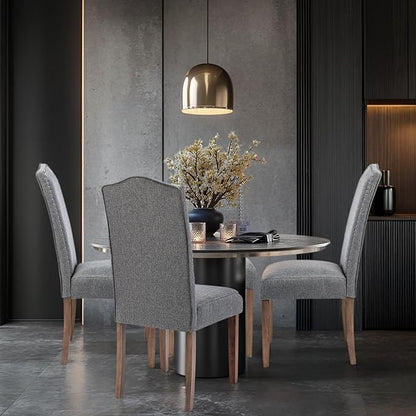 Upholstered Dining Chair Modern Stylish Parsons Kitchen Diner High Back with Silver Nailhead Trim & Wood Legs, Set of 6, Fabric Classic Grey