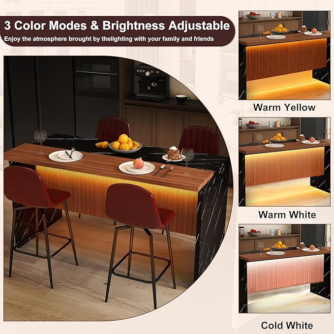 63 Inches Modern Kitchen Island Set with 4 Bar Stools, Black Marble Look Surface Dining Table with Led Lighting Grill Design, Large Breakfast Bar for Open Concept Spaces, Walnut Black (Walnut +
