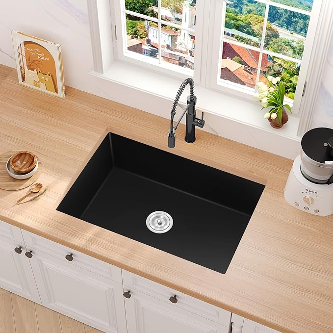 Rhbamoa 28 Inch Black Composite Kitchen Sink,Matte Black Undermount Granite Kitchen Sinks Single Bowl,9 Inch Depth Quartz Sink with Accessories