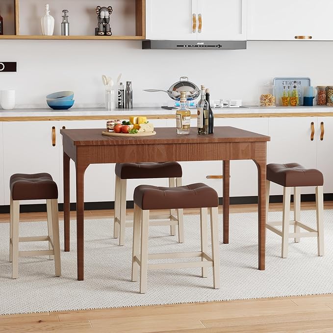 Giantex 24" Bar Stools Set of 4, Upholstered Counter Height Saddle Bar Stools with Footrest and Wood Legs, Farmhouse Faux Leather Backless Barstools for Kitchen Island, Dining Room, Cafe, Brown+Beige