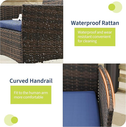 GAOMON 3-Piece Patio Furniture Set, Modern PE Rattan Conversation Set with 2 Chairs & Tempered Glass Coffee Table, All-Weather Outdoor Seating for Garden, Porch, Balcony, Poolside, Brown/Navy Blue
