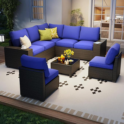8 Piece Outdoor Patio Furniture Set, Outdoor Sectional Furniture, Rattan & Wicker Modern Modular Conversation Set Sofa Couch W/Water Resistant Washable Thick Cushions and Coffee Table, Coffee/Blue