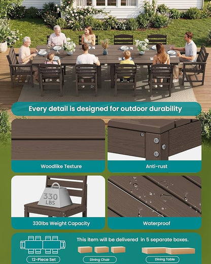 SERWALL Patio Dining Sets for 10 Person, HDPE Dining Set with 2 Tables, 8 Armless Chairs and 2 Armed Dining Chairs, Coffee