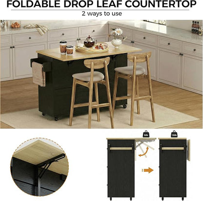 IRONCK Kitchen Island with Storage, 47.2in Rolling Island on Wheels, Kitchen Cart with Drop Leaf, 3 Spacious Drawers, Storage Cabinets and Towel Rack for Home, Dining Room