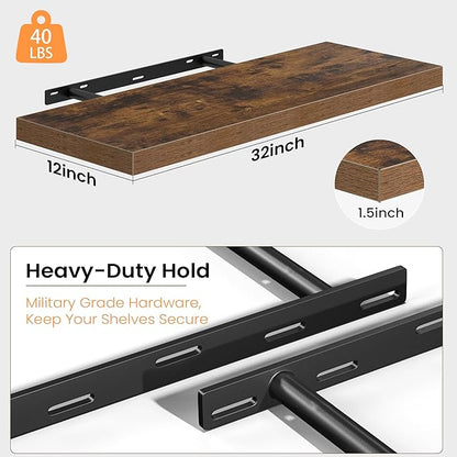 12 Inch Deep Floating Shelves, 32W x 12D Floating Shelf for Books, Rustic Wood Deep Wall Shelves for Home Storage & Display, 1.5" Thicked Shelves for Kitchen, Living Room, Bedroom, Brown, 2 Pack