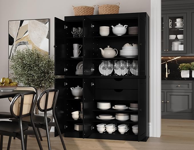 Palace Imports Solid Wood Kitchen Pantry Cabinet - 71.5" Tall x 48.5" Wide - Freestanding Storage Pantry w/ 2-Drawer Kit & Adjustable Shelves - Black, Renewable Eco-Friendly 100% Wood, Made in Brazil