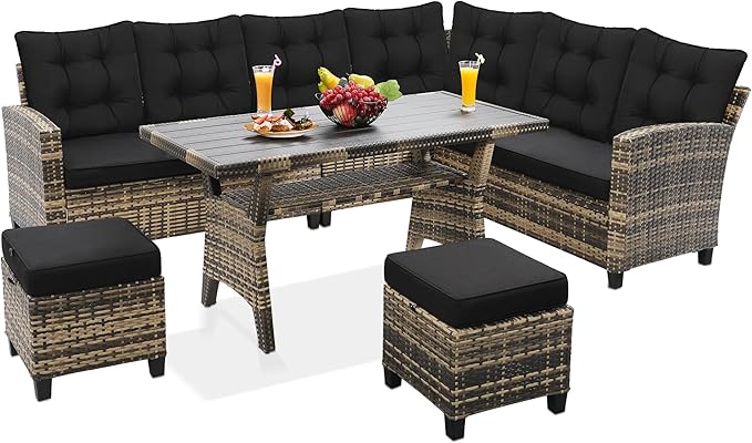 KROFEM 6-Piece Patio Furniture Set, Outdoor Sectional Sofa with Dining Table & Chairs, All-Weather Dining Set with Removable Cushion Covers, Ideal for Garden, Porch, Backyard, Black