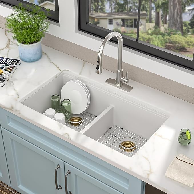 33 Granite Composite Kitchen Sink Double Bowl - Fulorni 33"x19" Granite Kitchen Sink Ledge Workstation White Undermount Double Bowl 50/50 Luxury Quartz Classic Under Counter Basin