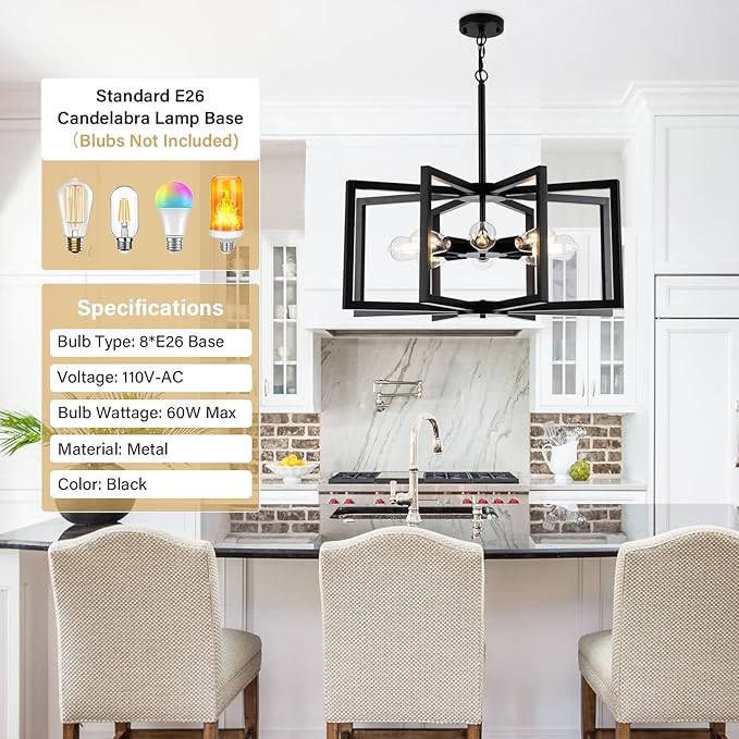 Modern Chandelier, 27.5'' Large Black Chandelier Light Fixture Industrial Max 60'' Hanging Adjustable Farmhouse Chandeliers for Dining Room Entryway Living Room Kitchen (8-Light, E26)