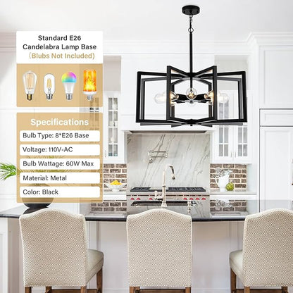 Modern Chandelier, 27.5'' Large Black Chandelier Light Fixture Industrial Max 60'' Hanging Adjustable Farmhouse Chandeliers for Dining Room Entryway Living Room Kitchen (8-Light, E26)