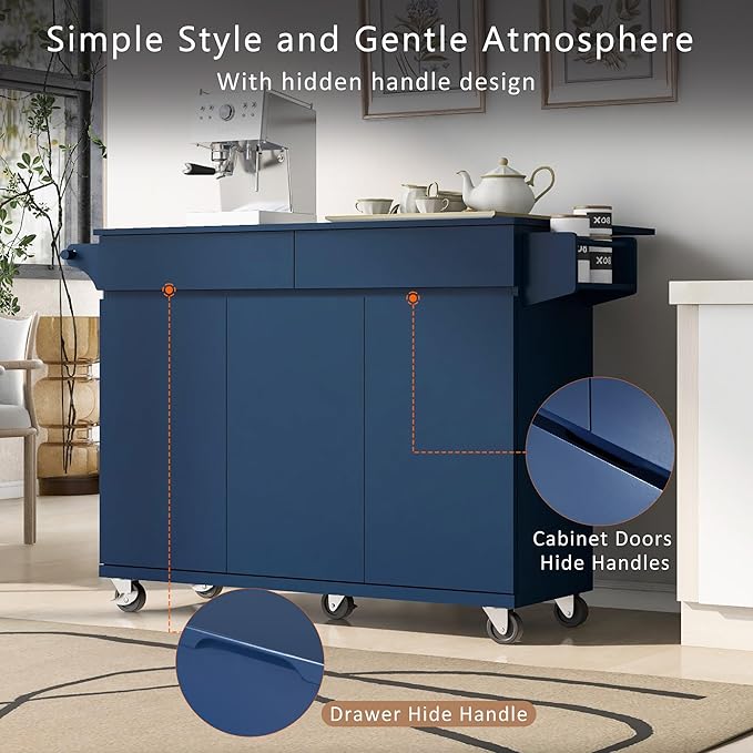 53.2'' Rolling Kitchen Island Cart with Drop Leaf and Adjustable Shelves,Spice Rack, Towel Rack and 2 Drawers,for Kitchen Living Room Dining Room (Navy Blue@u)