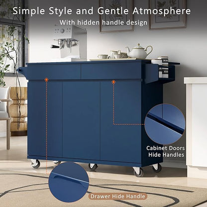 53.2'' Rolling Kitchen Island Cart with Drop Leaf and Adjustable Shelves,Spice Rack, Towel Rack and 2 Drawers,for Kitchen Living Room Dining Room (Navy Blue@u)