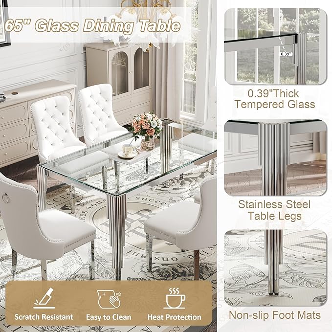 Modern Rectangle Glass Dining Table, 65" Clear Tempered Glass Desktop with Silver Mirrored Stainless Steel Legs, Stylish Elegant for 6 People, for Kitchen, Living Room, Office