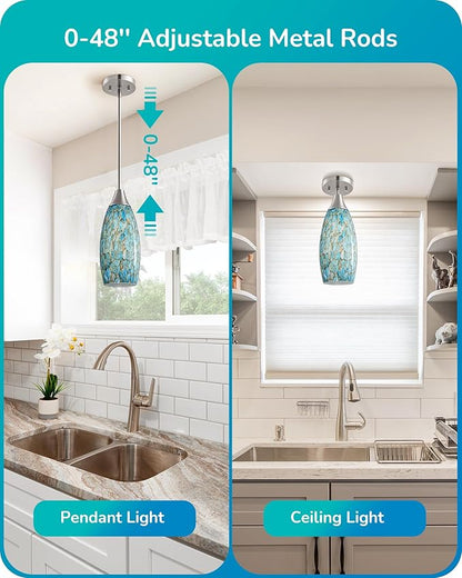 EDISHINE Pendant Light, Hand Blown Hanging Light Fixture, Adjustable Brushed Nickel Rods, 5.12" D x 11.4" H Shade, Blue Glass Pendant Lighting for Kitchen Island, Sink, Bathroom, Dining Room