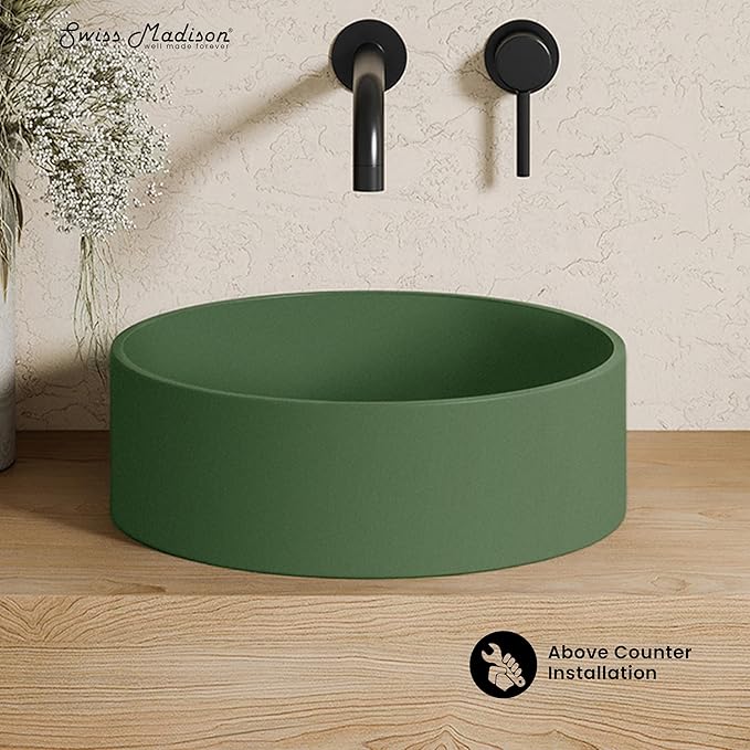 Swiss Madison Lisse 14.5" Concrete Round Vessel Sink in Matte Royal Green