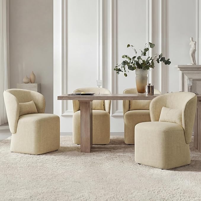 KISLOT Upholstered Dining Chairs with Wheels, Easy Assembly Stain Resistant Fabric Modern Barrel Armchair with Lumbar Cushion, Dining Room Chairs for Kitchen Living Room Bedroom, Sand, Set of 2