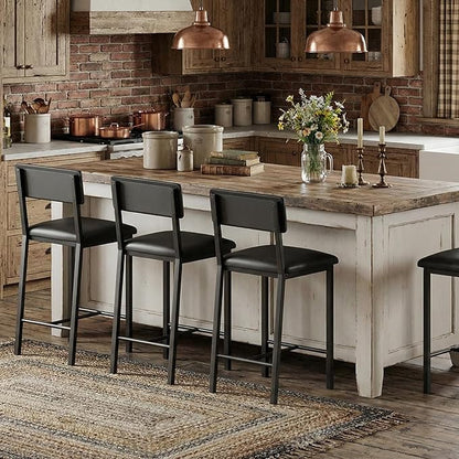 GarveeHome Bar Stools Set of 4 w/Soft Back and Upholstered Seat, 24.8 Inches Counter Height Barstools with Footrest & Thickened Metal Legs, for Kitchen Island, Bar, Black